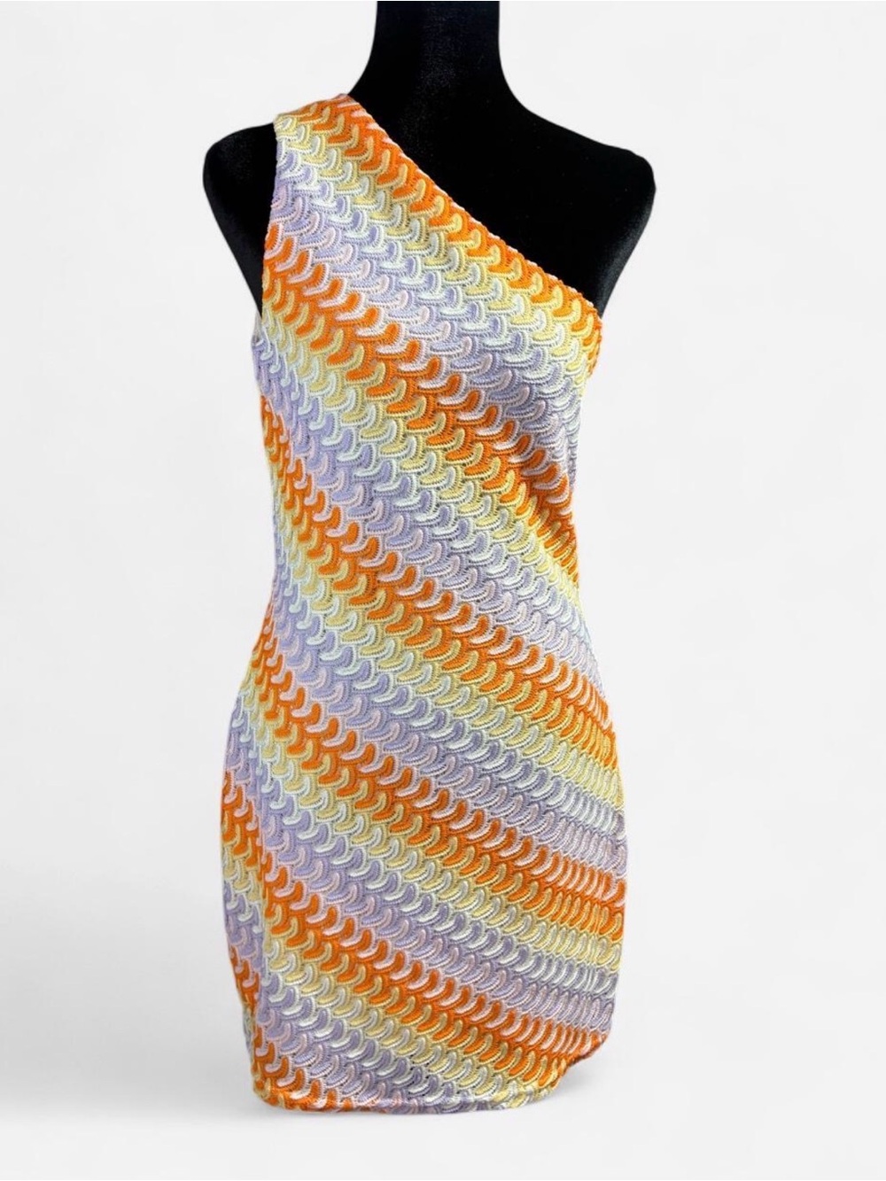 Altar'd State One-Shoulder Crochet Mini Dress in Orange, Lavender & Yellow